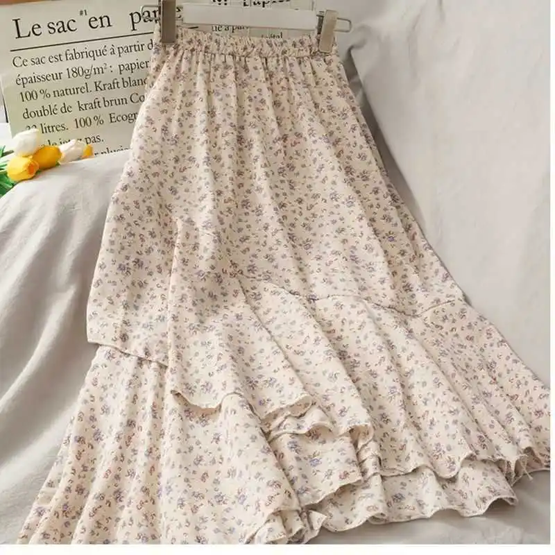 

Sondr New Style Chiffon Floral Mid-Length A-Line Skirt Korean Women's Ruffled Fishtail Skirt Traf Falda Shein