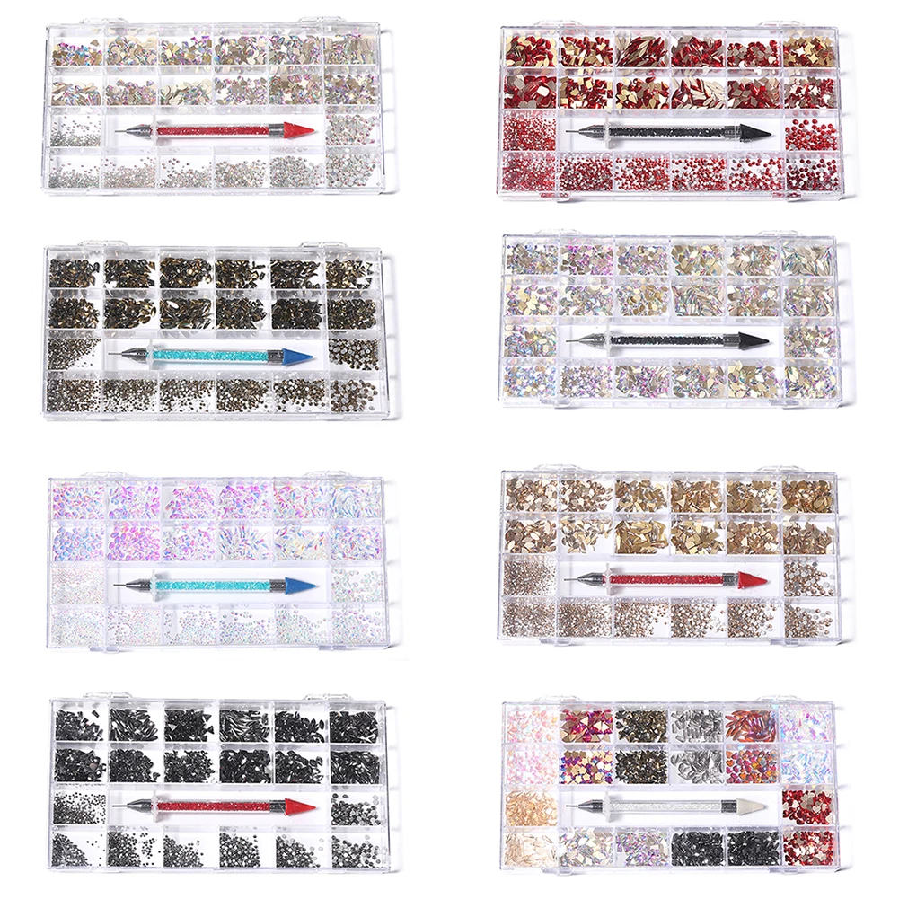 

21 сетка, многоразмерные кристаллы, алмазы, 3D украшения для ногтевого дизайна, драгоценные камни для ногтей, стразы, набор украшений для ногт...