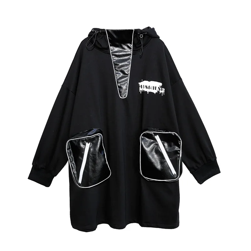 

QING MO Large Size Women Sweatshirt 2021 Autumn Hooded Pocket Decoration Sweatshirt All-match Mid-length Hedging Coat LHXX297