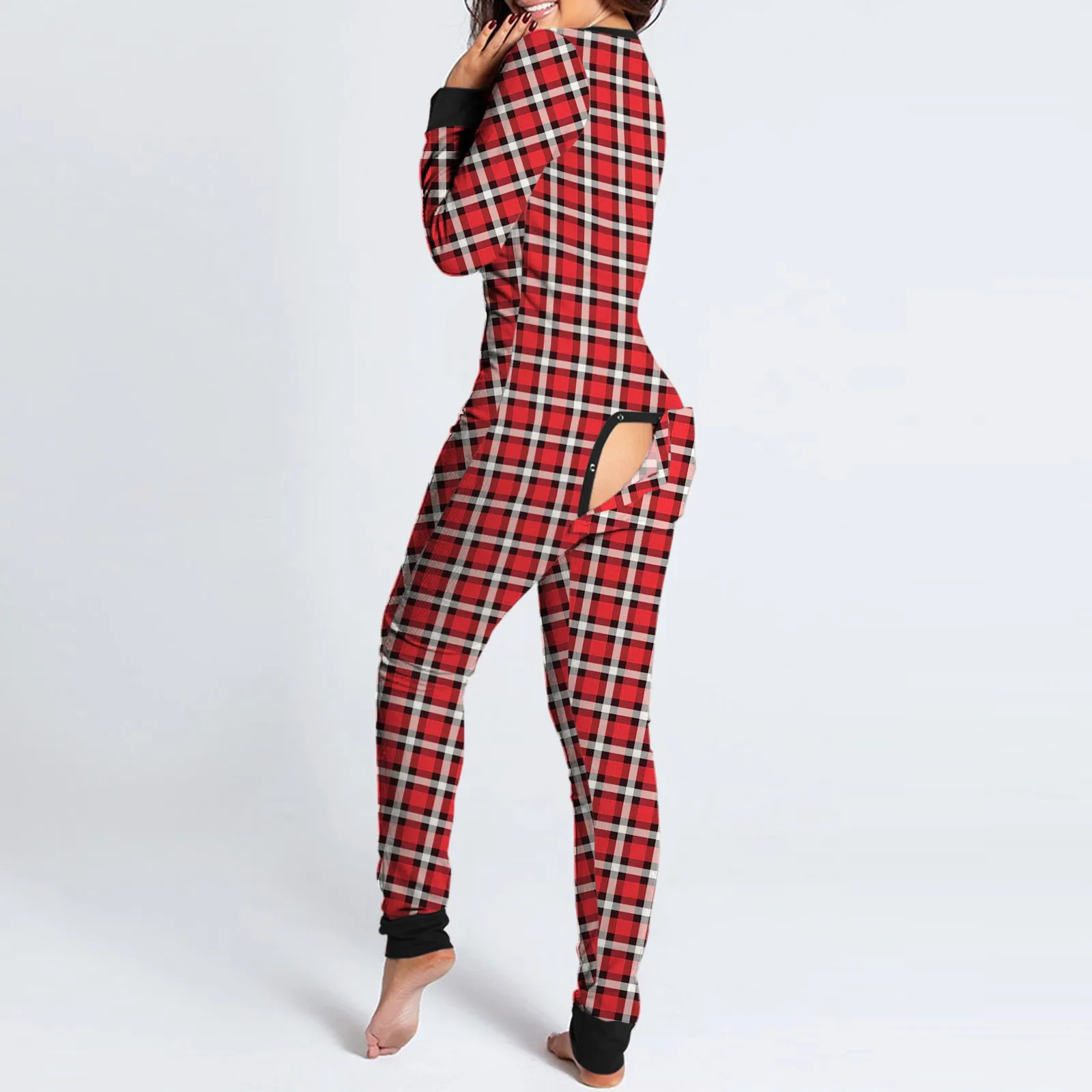 

Women Long Sleeve Chic Functional Button Flap Adults Pajamas Fashion Casual Plaid Button Design Plunge Lounge Jumpsuit Solid