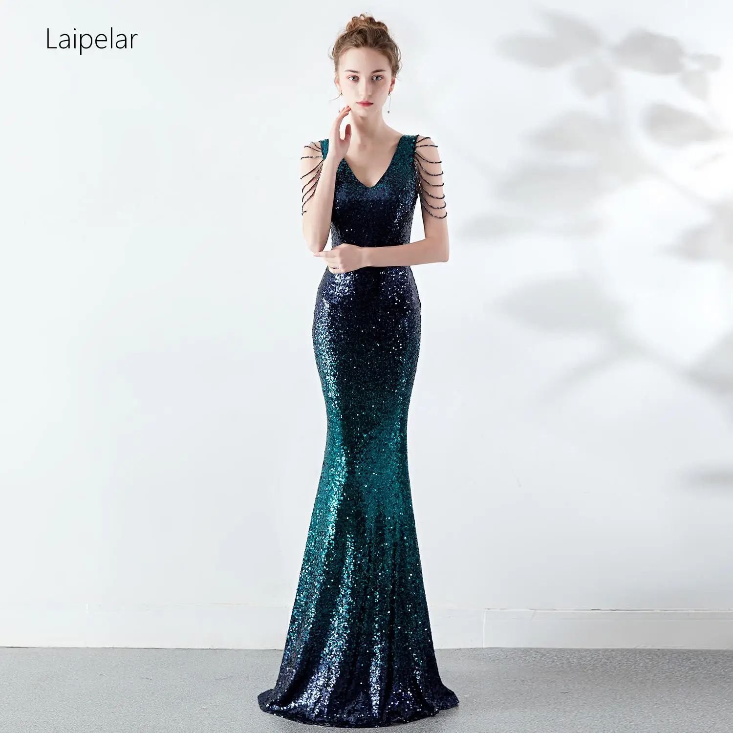 

Laipelar New fomal Dresses 2019 V-neck Dress Sexy Sequin Vestidos De Gala Zipper Back Mermaid Floor Length fomal robe