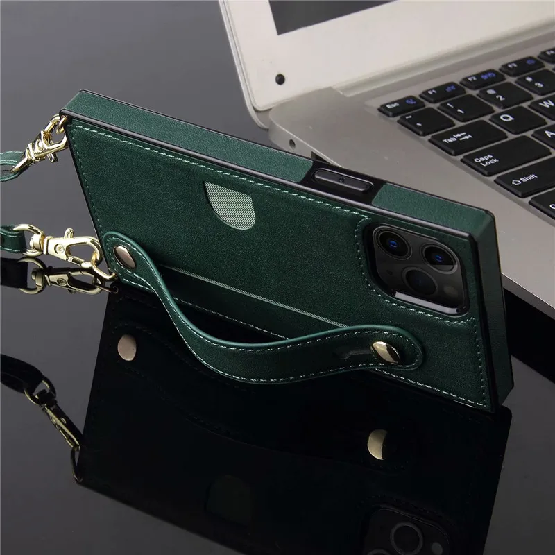 For iphone 14 13 12 11 pro xs max xr 7 8 6s plus se 2020 case cover wallet card shoulder strap belt wristband holder leather pho