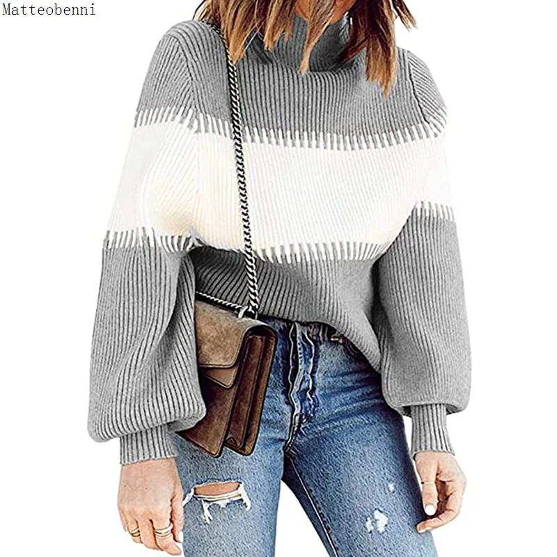 

Women Knitted Sweater 2020 Autumn Winter Lantern Sleeve Fashion Casual Turtleneck Striped Jumper Thick Loose Pullovers Sweaters