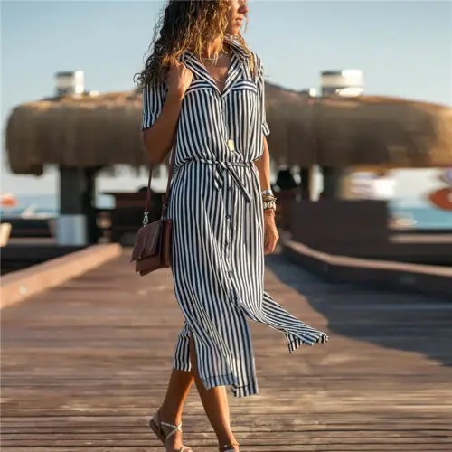Женское длинное платье в полоску Boho летнее макси с отложным воротником и