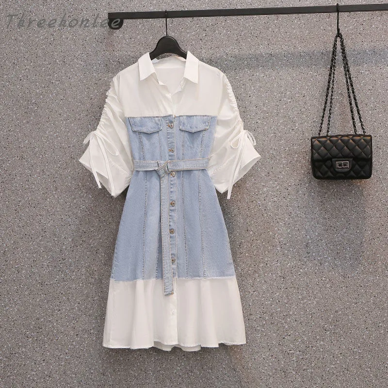 

Размера плюс, повседневные женские Лоскутные Джинсовые платья лето 2021 фонарь рукавами, однобортная, с круглой горловиной, миди платье-рубаш...