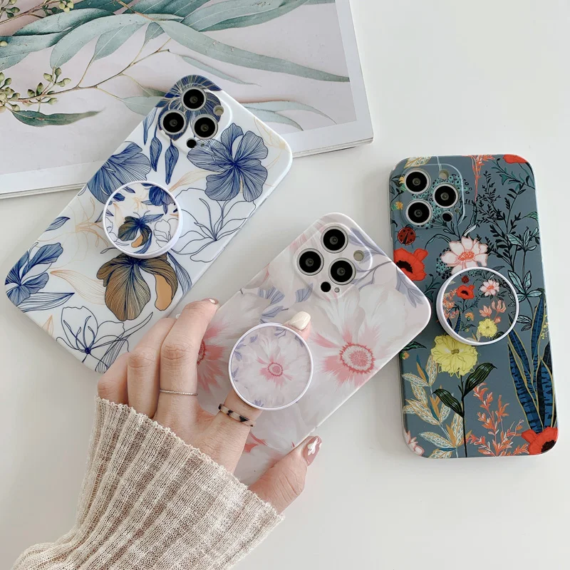 

Phone Case For iPhone 12 Pro Max 11 Pro X XR XS Max 7 8 Plus SE 2 Retro Flower Floral Folding Holder Matte Soft IMD Phone Cover