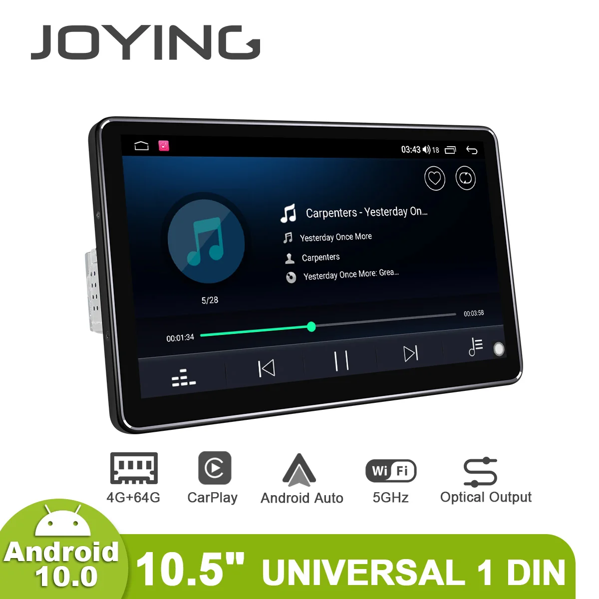 구매 Joying-안드로이드 10 자동차 라디오 스테레오 10.5 인치 범용 중앙 멀티미디어 1 Din 비디오 플레이어 헤드 유닛 무선 카플레이 4G 모듈