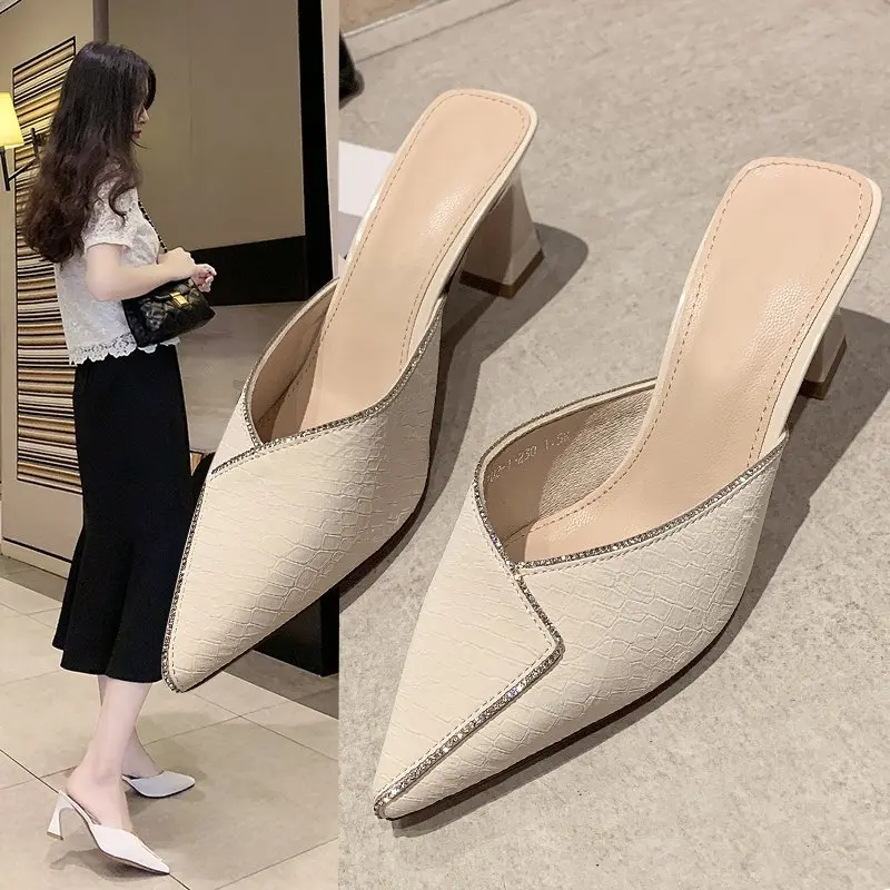 

Fashion Baotou half slippers female outer wear 2022 summer casual rhinestone pointed thick heel high heel sandals and slippers