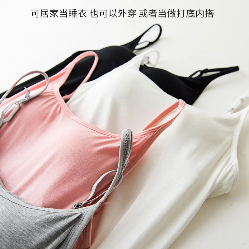Women's Large Size with Breast Pad, Suspender, Bra Free One-piece Vest, Nightdress for Household Women's Wear Sleep Tops