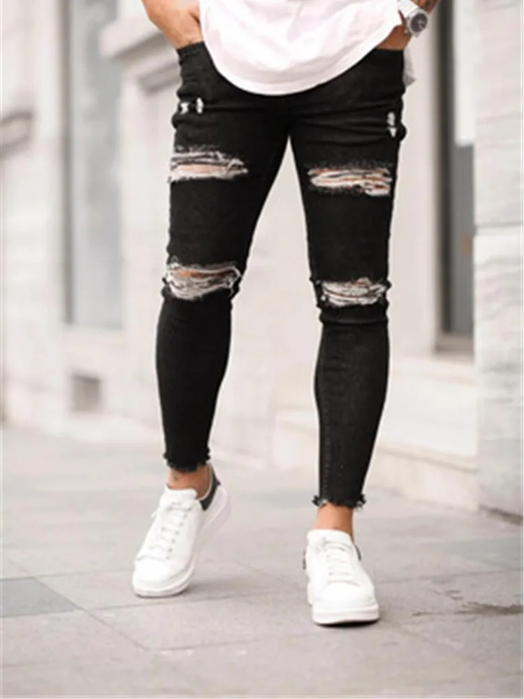 

Mens Jeans Black Blue Cool Skinny Ripped Stretch Slim Elastic Denim Pants Large Size For Male Spring Summer Autumn Hip Hop