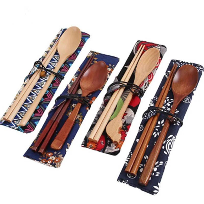 3 шт. деревянные столовые приборы с сумкой для переноски|Столовые сервизы| |