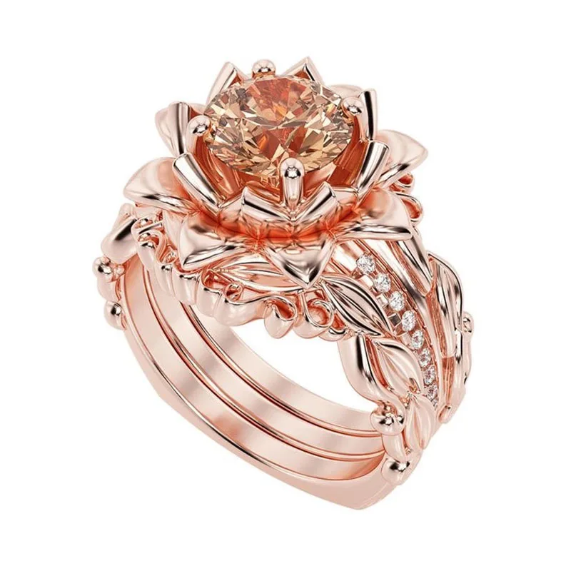 

Luxury 3 Pcs/Set Rose Gold Color Flower Rings For Women Trendy Champagne Zircon Female Jewelry Engagement Birthday Party Gifts