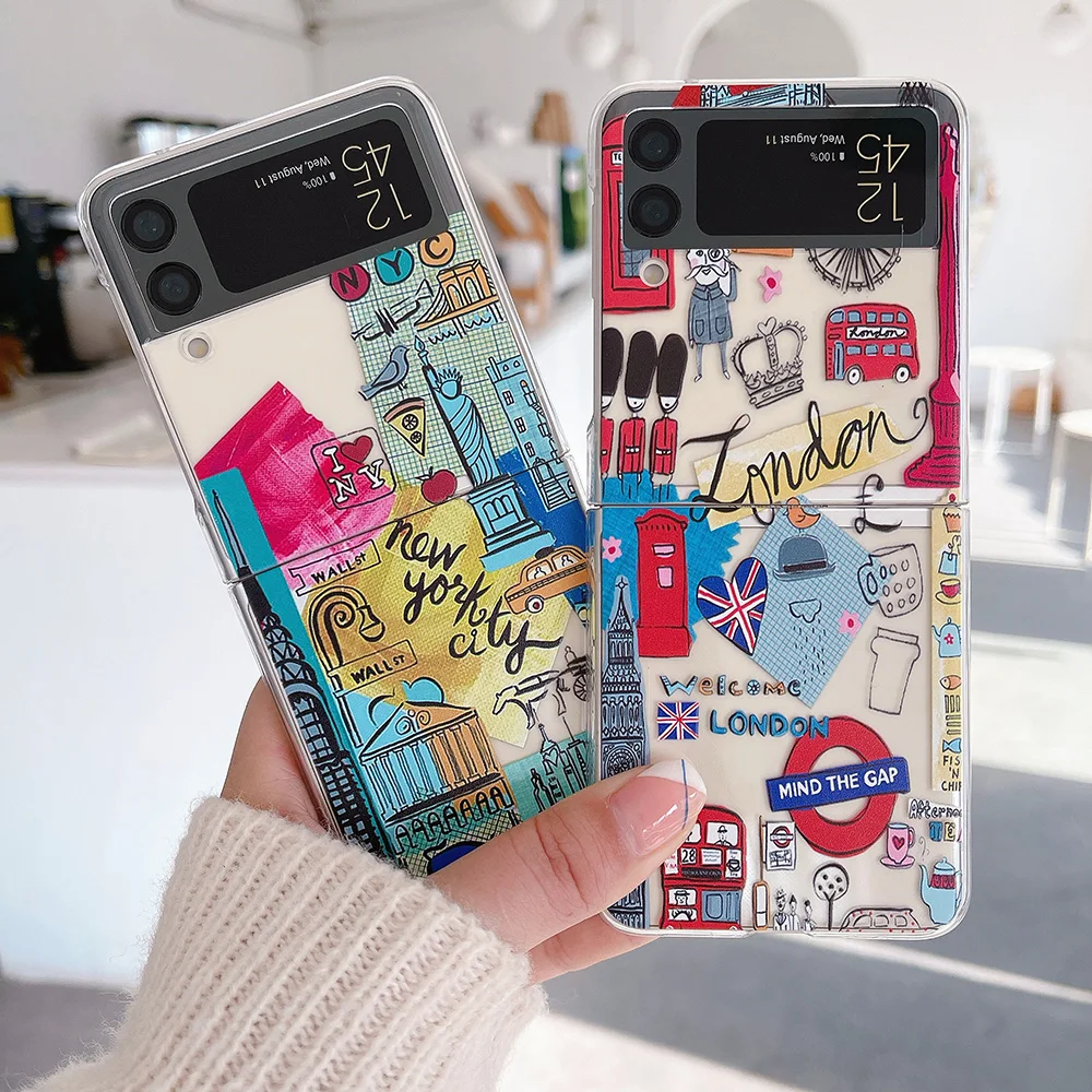 Colorful Buildings Old castle Tower Slim Phone Case For Samsung Galaxy Z Flip 4 3 Transparent Hard PC Cute Cover For Women