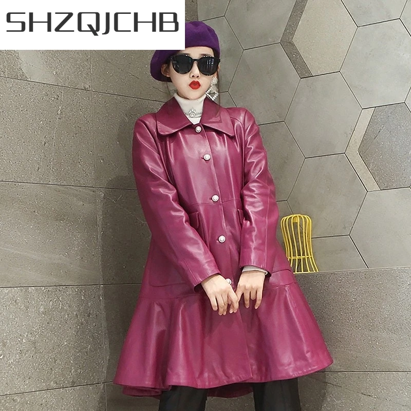 

JCHB 2021 Streetwear Autumn Winter Genuine Leather Windbreakers Women Single Breasted Ruffle Long Jacket Loose Female Sheepskin