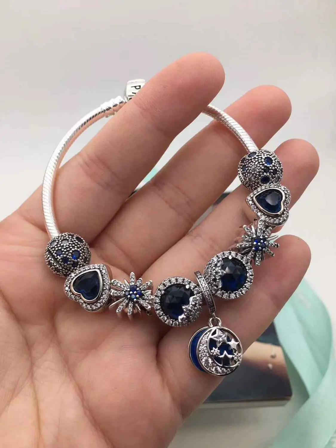 Keris Store Высокое качество 1:1 925 пробы Серебряный кулон Звезда и луна в форме сердца браслет - Цвет камня: Белый