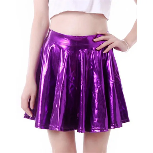 

Solid Yellow Black Red Purple Gold Silver High Waist Shiny Skirts Womens Sexy Pleated Mini Skirt Night Club Short Jupe Femme