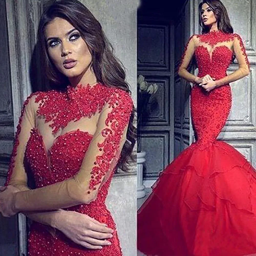 

High Neck Formal Custom Long Sleeve Girls Pageant Applique Prom Party Gown Beaded Organza Red Illusion Mermaid Evening Dresses
