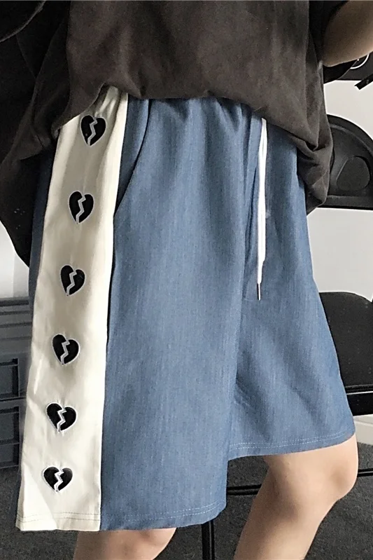 

Side Love Heart Embroidery Stitching Wide Leg Shorts Women Casual Black Blue Hotpants