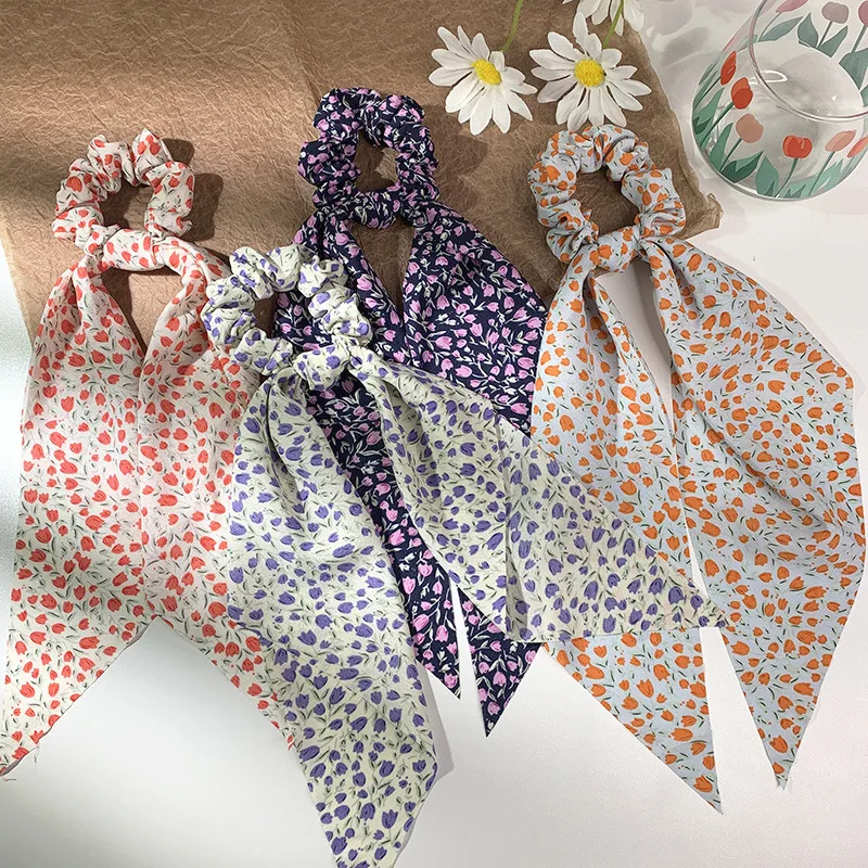 

Retro Long Ribbons Hair Ring Floral Print Hair Scrunchies Elastic Hair Bands Bohemian Hair Accessories Ponytail Scarf Hair Tie