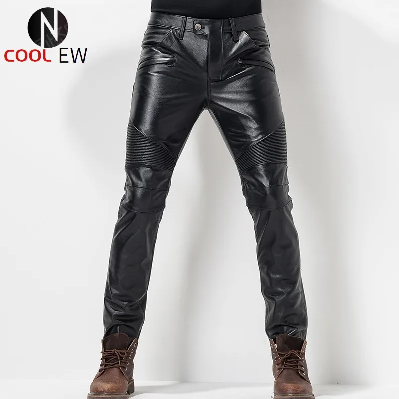 

European Autumn Winter Slim Mens Full Length Cowhide Pants Windproof Thick Moto Biker Pleated Genuine Leather Male Pencil Pants