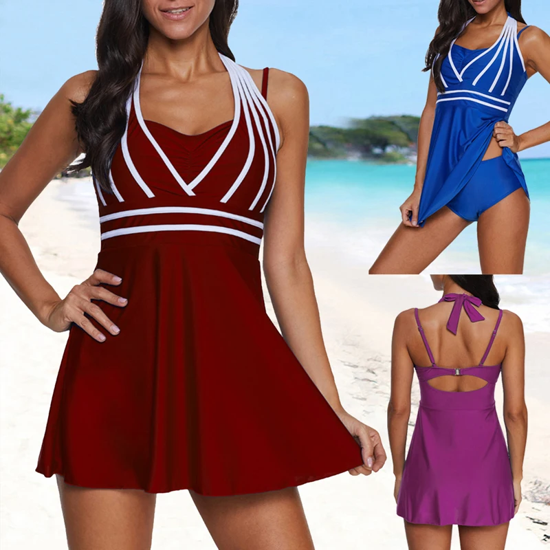 Плюс размер купальник юбка для плавания женское бикини с низким вырезом на спине