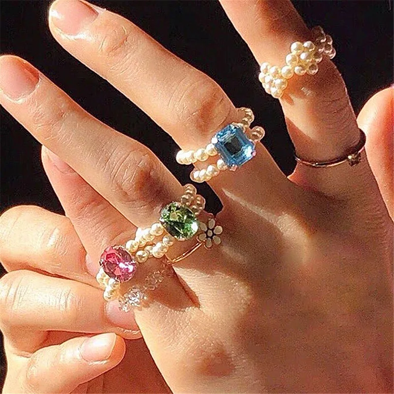 AOMU Романтический белый черный кристалл имитированная жемчужина эластичная веревка бисером кольцо гладкий неправильный геометрический квадрат овальное кольца для женщин.