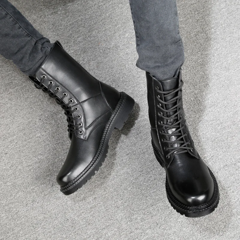 new arrival mens luxury fashion mid-calf boots black cow leather shoes cowboy platform long boot outdoor bota militar masculino |