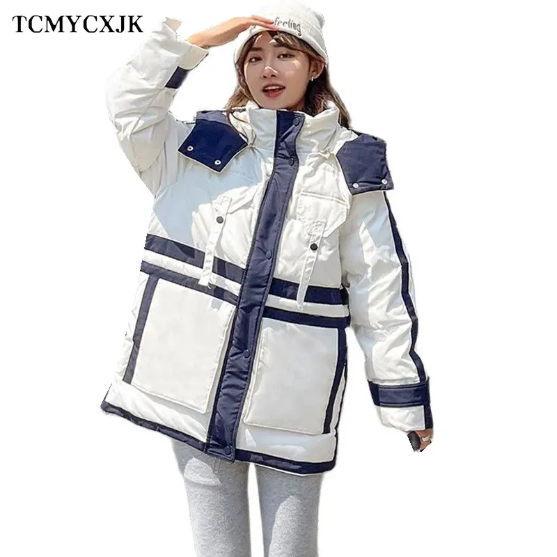 

Женский пуховик оверсайз средней длины, Повседневная Свободная куртка с капюшоном в Корейском стиле, 2022