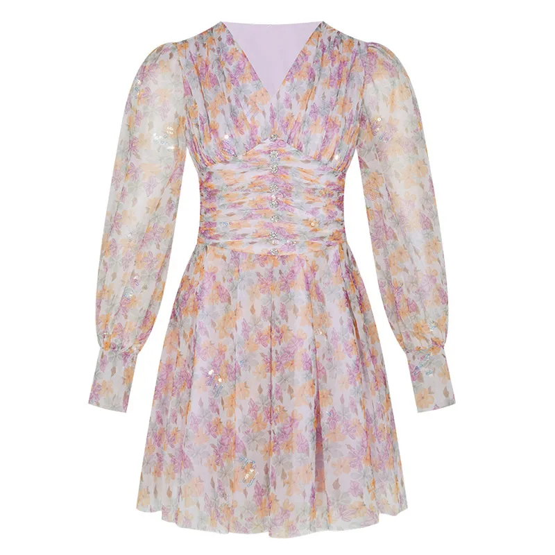 

Korean Fashion Summer Clothes V-Neck Long Sleeve Ruched Empire Waistline Bling Sequined Floral Mesh Mini Dress
