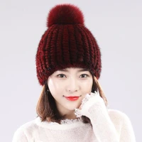 women winter real mink fur hats with genuine fox fur pompoms warm knitted red beanies for outdoor ski