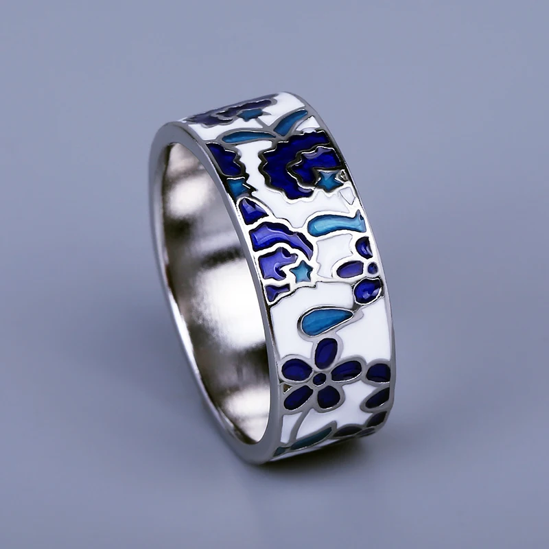 

Exquisite New Women's for Ring Blue Enamel Flower Ring Fashion Handmade Enamel Jewelry Wedding Bridal Ring Fashion