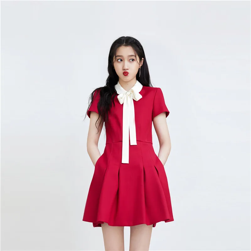 

Женское приталенное платье в стиле колледжа, красное элегантное милое платье в французском стиле с воротником Питер Пэн и высокой талией, м...