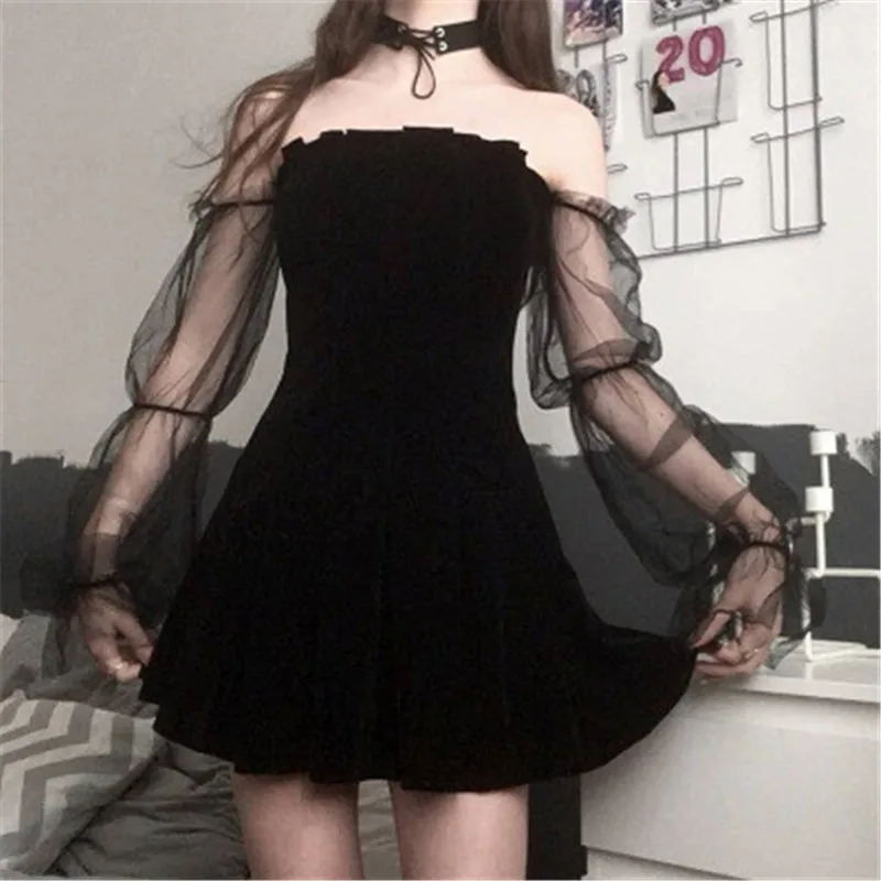

Vintage Woman Dress Gothic Sexy Dress Vestido De Mujer 2021 Off Shoulder Mesh Puff Sleeve Velvet Mini Party Dress