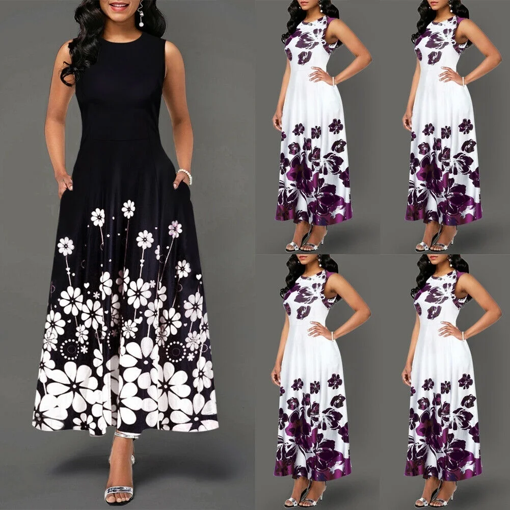 

Women's Boho Floral Long Vintage Maxi Dress Evening Party Beach Tunic Sleeveless Dress Summer S-2XL