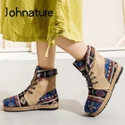 Женские ботинки в стиле ретро Johnature, ботинки из хлопка и льна на плоской подошве, с круглым носком, на шнуровке, в национальном стиле, разные цвета, 2022