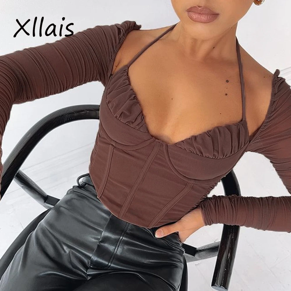 

Сексуальные женские топы XLLAIS с сетчатым рукавом, прозрачная плиссированная футболка с лямкой на шее и длинным рукавом с рыбьей кофтой