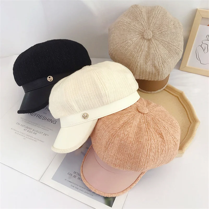 

Новинка 2022, Ретро Вязаная восьмиугольная шапка, женская брендовая шапка M со стразами из искусственной кожи, берет, корейский берет для весн...