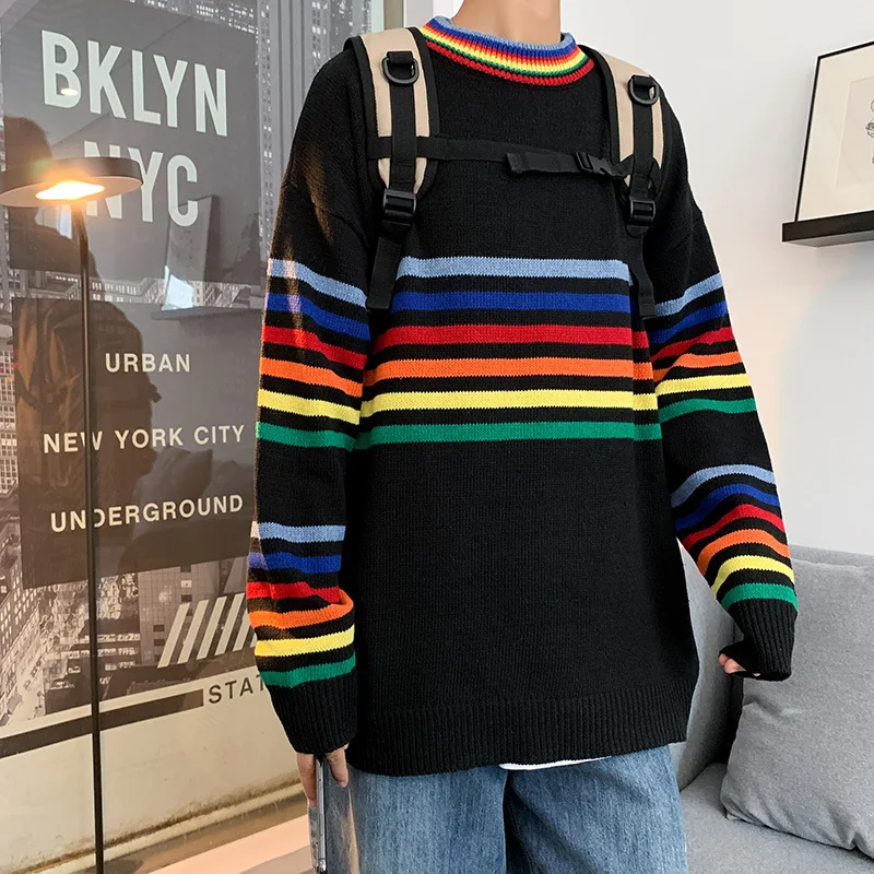 

Men's and women's striped contrast color knit sweater round neck pullover sweater couple loose and versatile tops