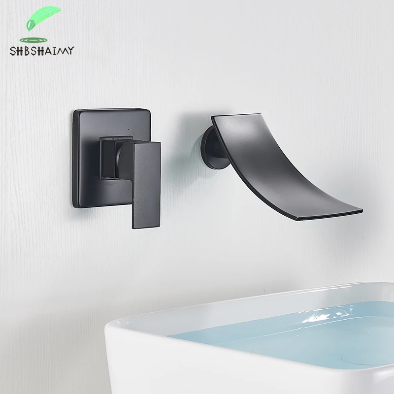 

SHBSHAIMY Matte Black Basin Faucet Concealed Basin Faucet Single Handle Wall-mounted Cold and Hot Embedded Waterfall Split Type