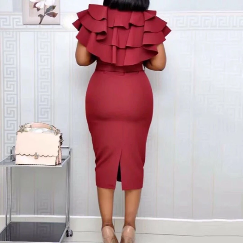 

Mid-Calf African Clothes for Women Short Sleeve Solid Dress Female 2021 Summer Office Lady Ruffle Elegant Bodycon Dresses New