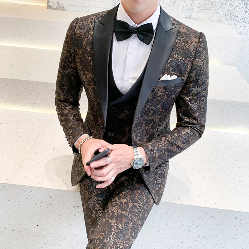 Gold 3-piece set Traje Hombre Estampado, свадебные костюмы, мужские бордовые костюмы из 3 предметов, Мужская одежда, жаккардовый костюм, тканевый мужской смокинг, вечерние смокинги - Цвет: Gold 3-piece set