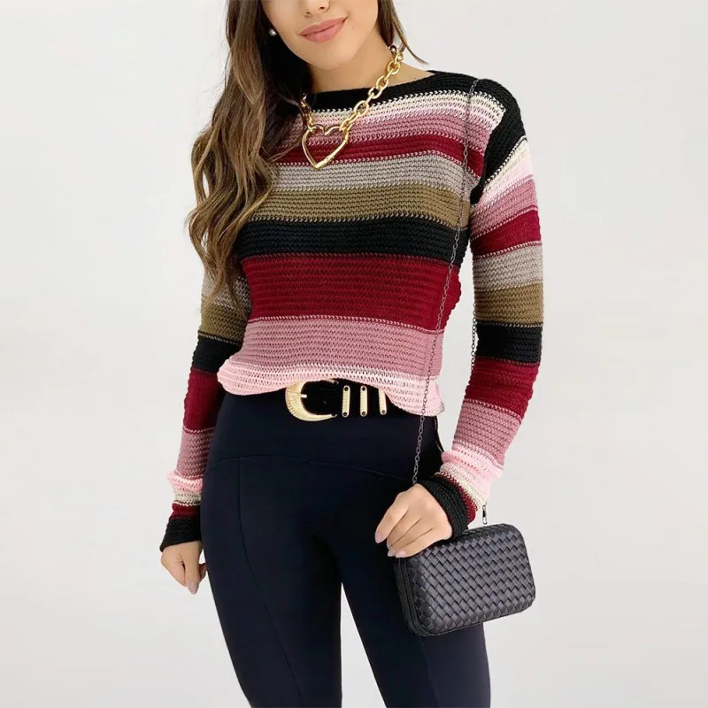 

Ladies Spring Autumn Sweaters Round Neck Casual Pullovers Contrast Color Striped Long-sleeved Sweater