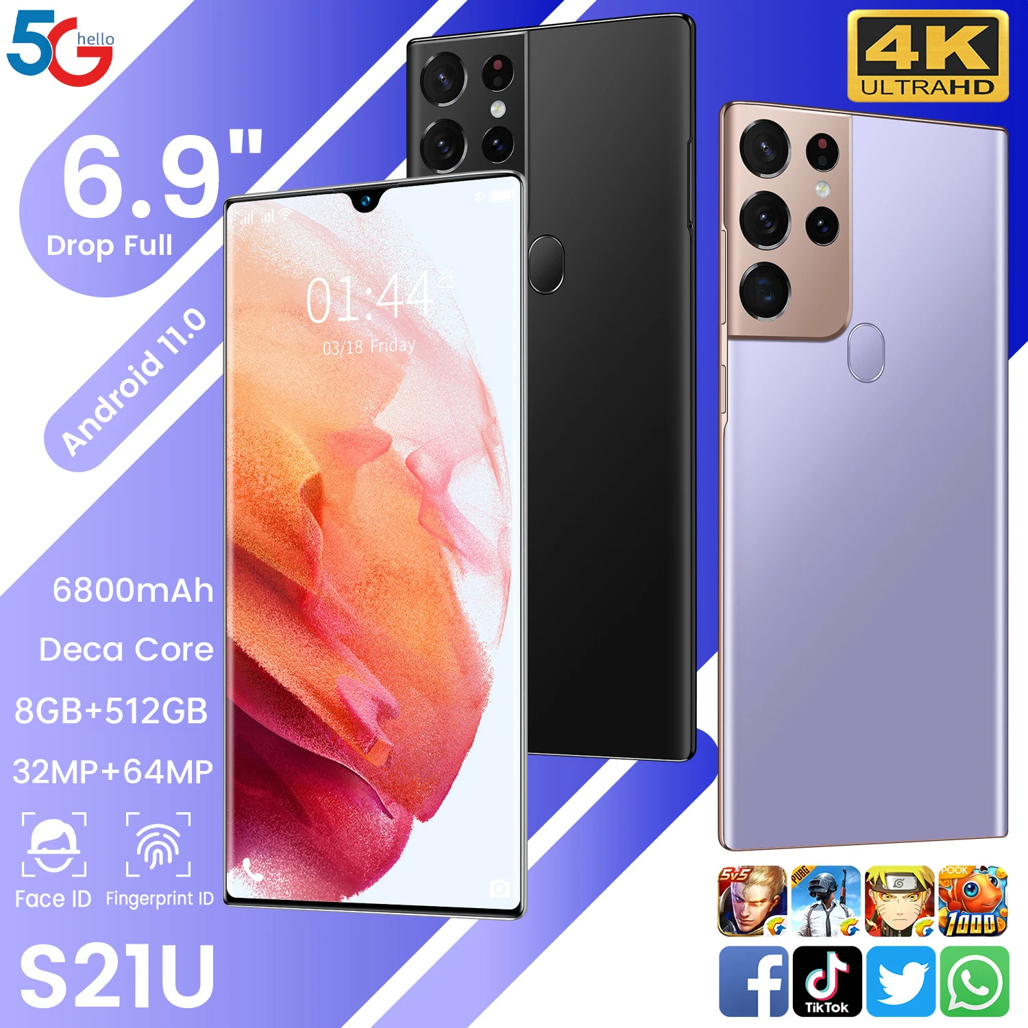 

Global Version 2021 S21U 6.9 Inch 5G Smart Phone 12GB+512GB Fingerprint Face ID Andriod 11 6800mAh 32+64MP Dual SIM Mobile Phone