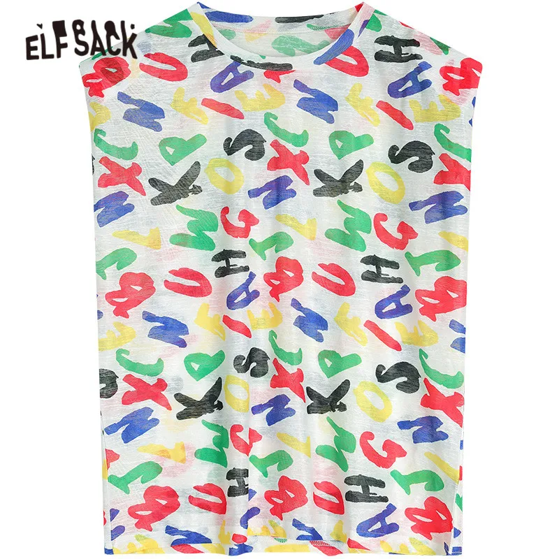 

ELFSACK Letter Print Casual T-Shirts Women Top 2021 Summer Stylish Sleeveless Korean Ladies Basic Daily Harajuku Tee