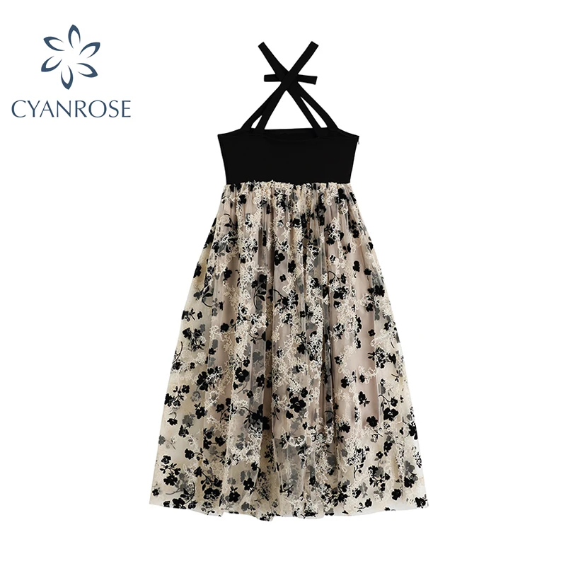 Женское платье без рукавов с высокой талией и цветочной вышивкой Сетчатое