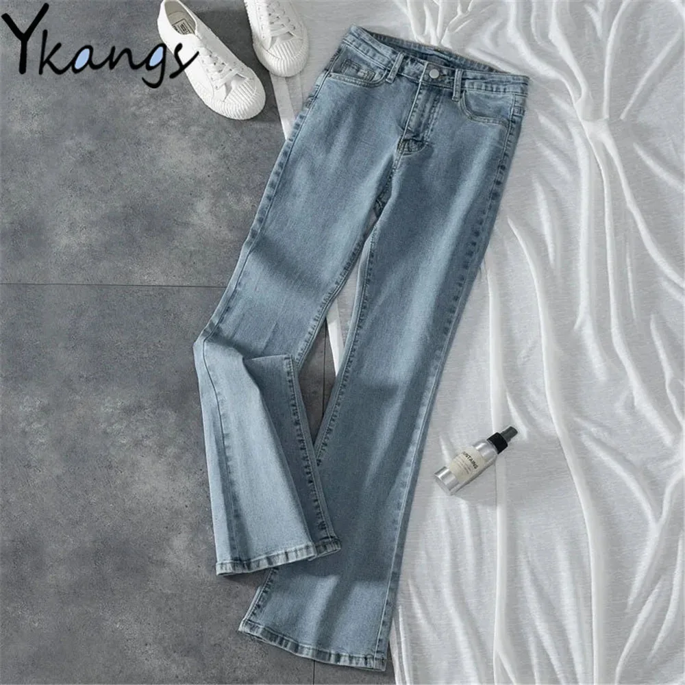 

Basic Light Blue Women Boots Cut Jeans Vintage Korean Slimming Stretchy Casual Denim Pant Classic Wild Flared Trouser Streetwear