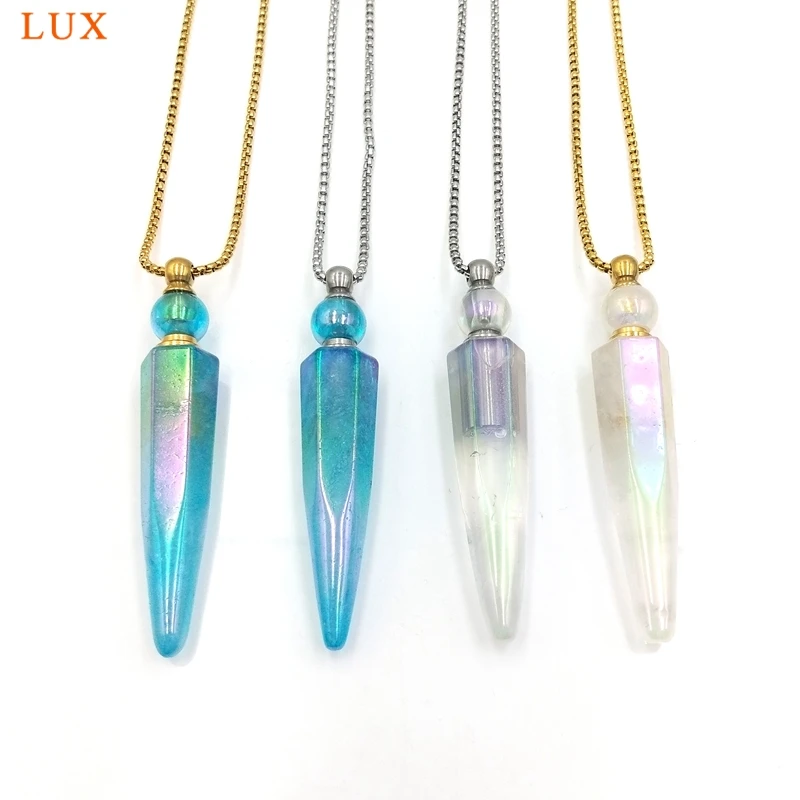 

Natural Titanium White Blue AB Quartz Perfume Bottle Pendant Stone Pointed Essential Oil Vial Gold S.Steel Chain Necklace