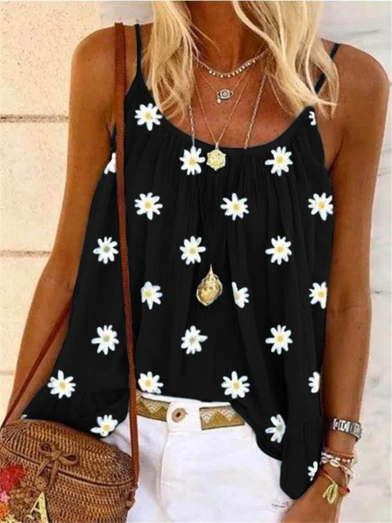 

5XL Large Size Women Little daisy Prints T Shirts Loose Beach Sexy Spaghetti Strap Tank Tee Shirts Female 2020 Summer Boho Tops