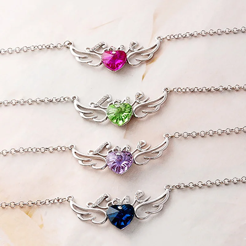 Украшенное кристаллом фиолетовое ожерелье в форме сердца Ангел ожерелья крылья