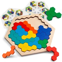 wooden hexagon puzzle shape block tangram brain teaser toy geometry logic iq game montessori educational gift